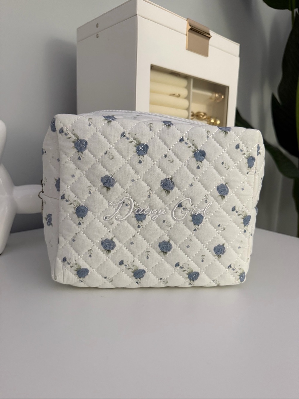 Dairy Boy Cosmetic Pouch in White with Blue Floral